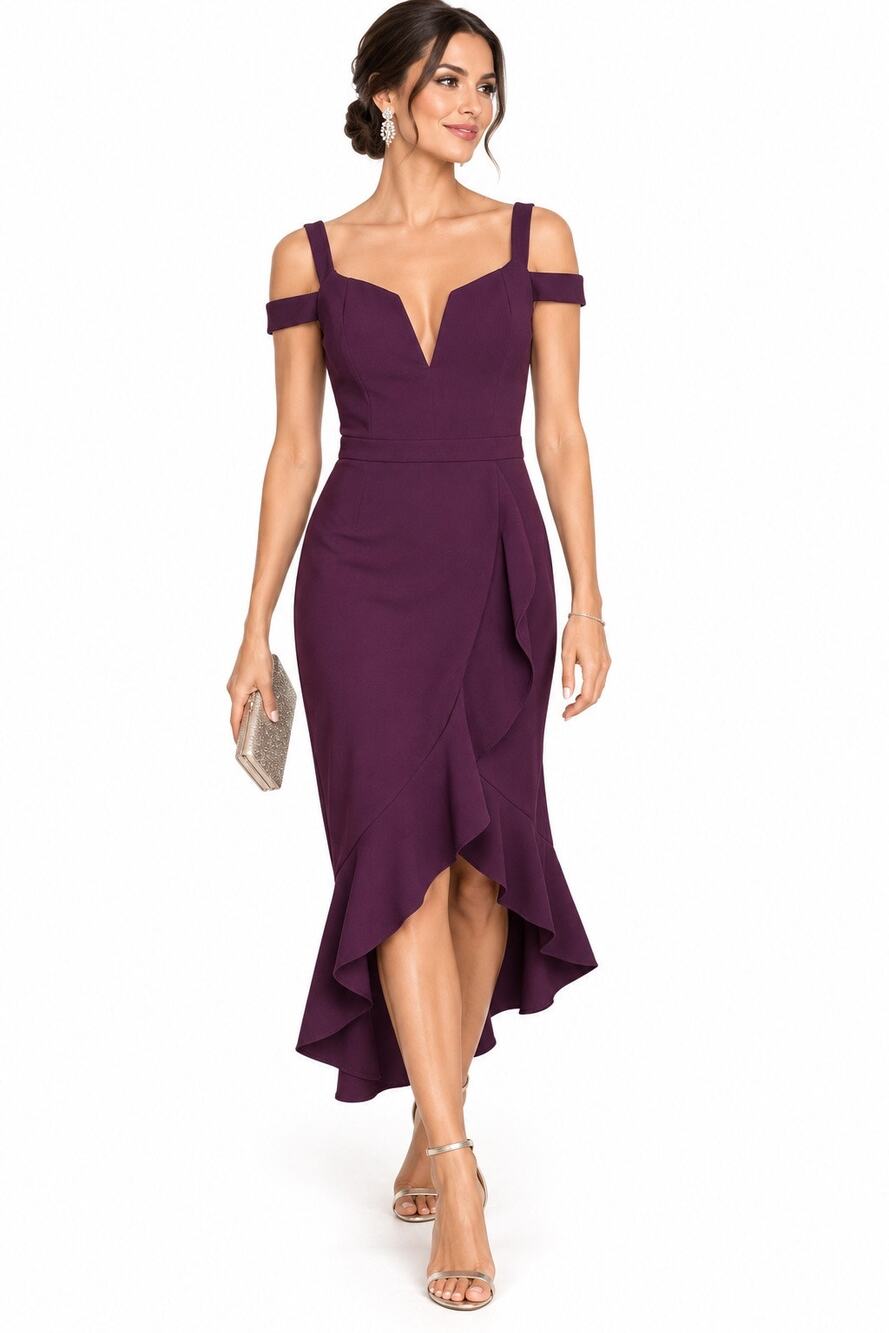 Xscape Size 6 Plum Purple Cold Shoulder Ruffle High Low Formal Dress Coquette